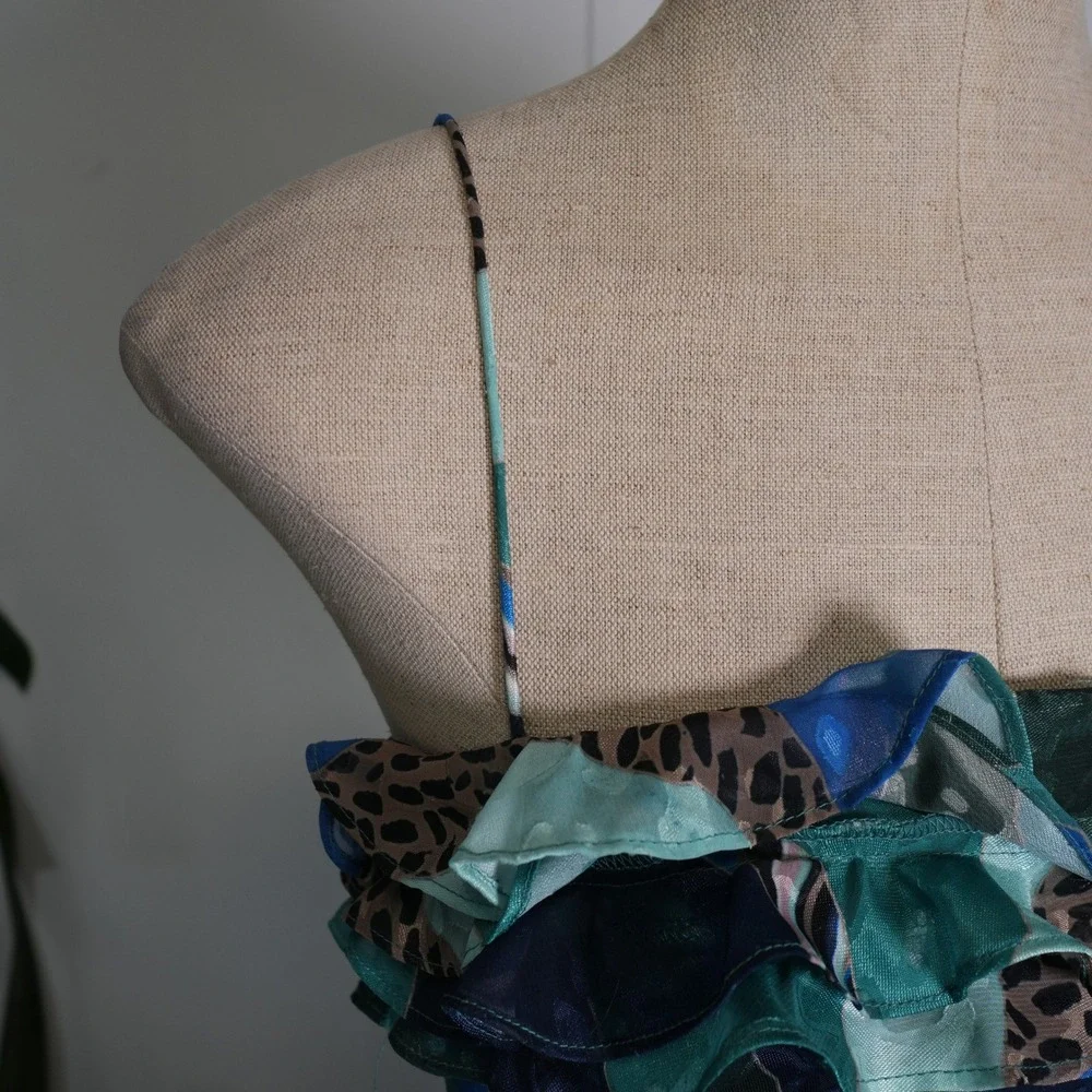 Hutch Maxi Dress 00 Blue Teal Abstract Leopard Ruffle Spaghetti Strap 10247